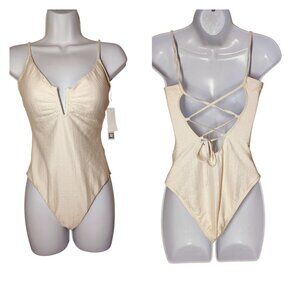 Sanctuary Swim‎ Peachy Cream Textured V Neck Strappy One-Piece Swimsuit M NWT